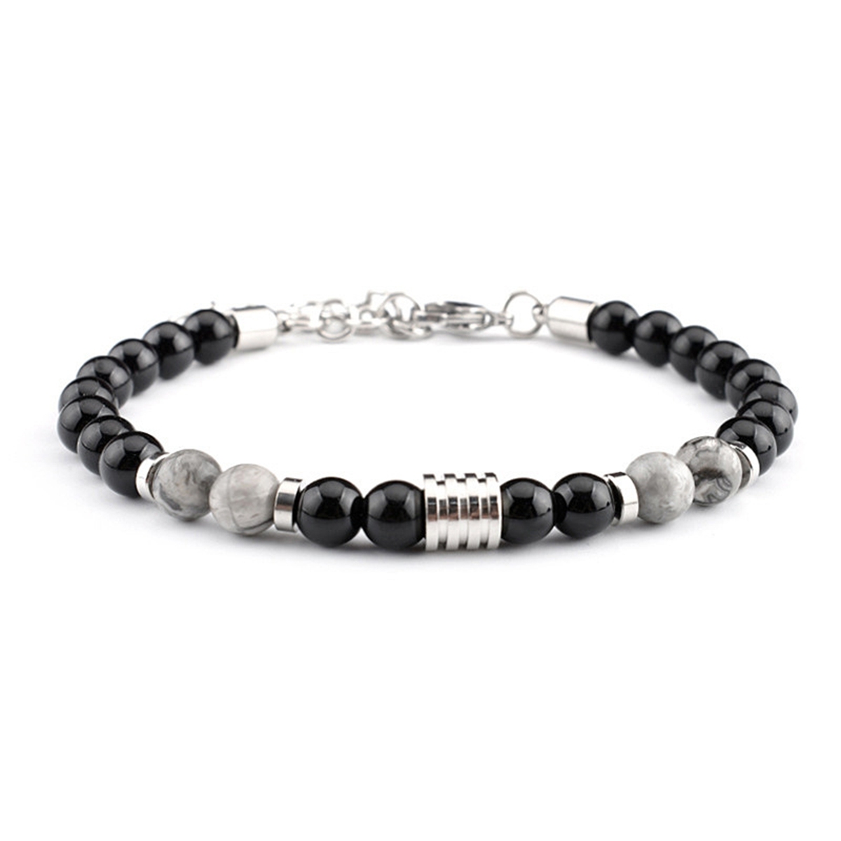 Stainless Steel Chain Black Onyx 6MM Gemstone Beads Bracelet SB2142