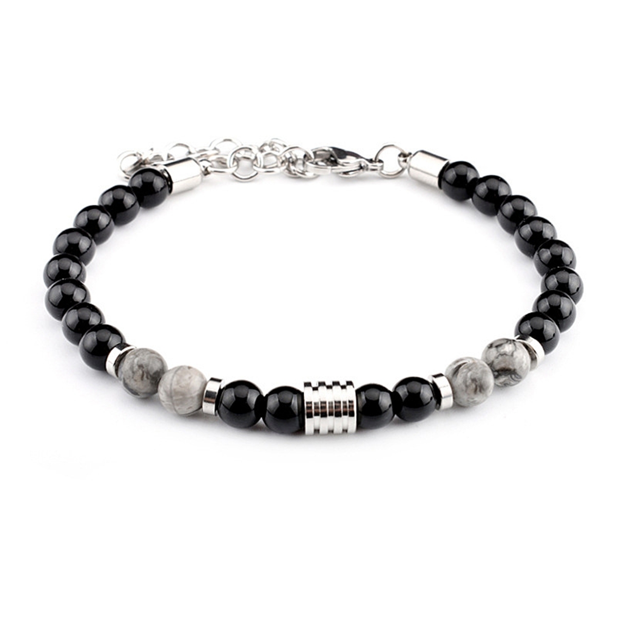Stainless Steel Chain Black Onyx 6MM Gemstone Beads Bracelet SB2142