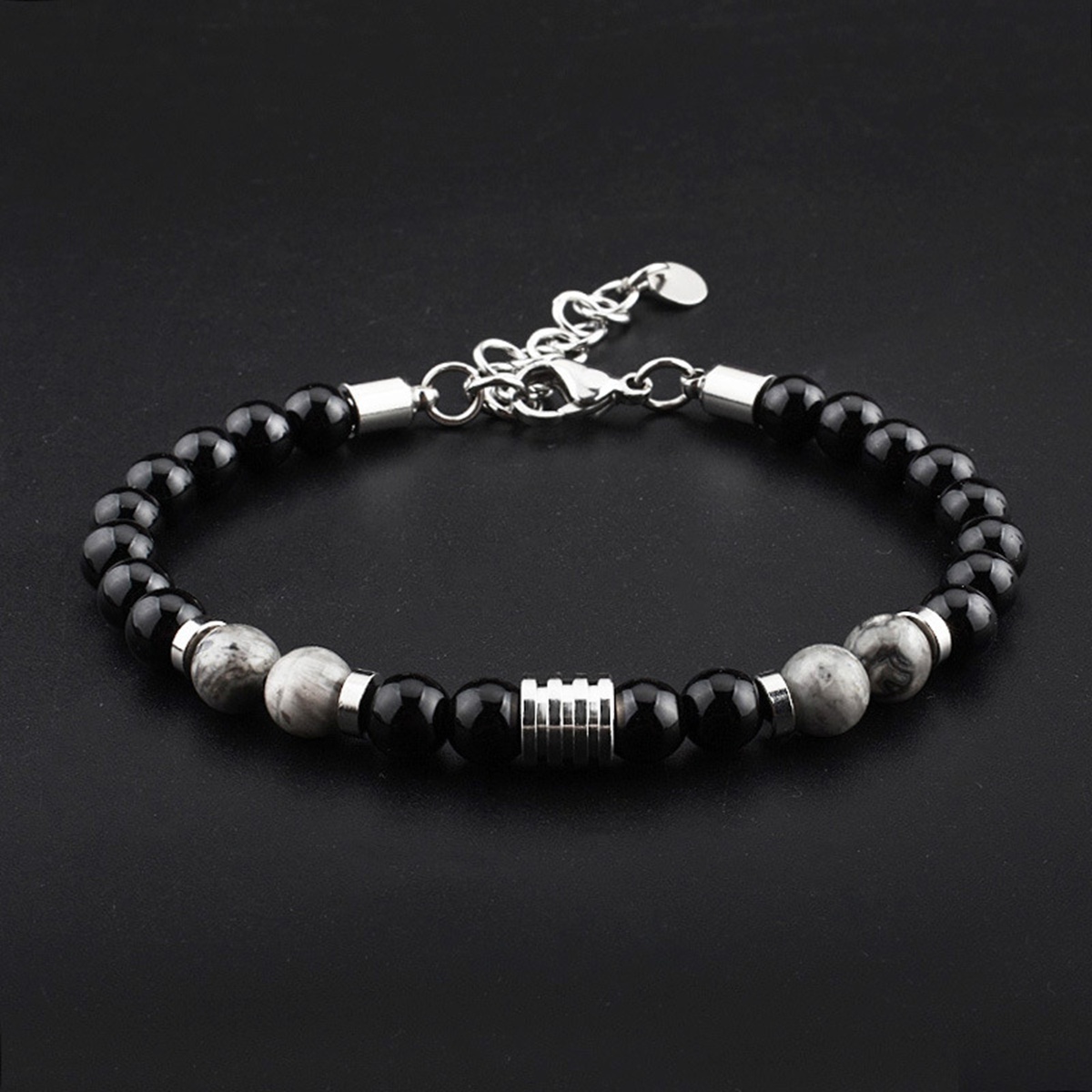 Stainless Steel Chain Black Onyx 6MM Gemstone Beads Bracelet SB2142