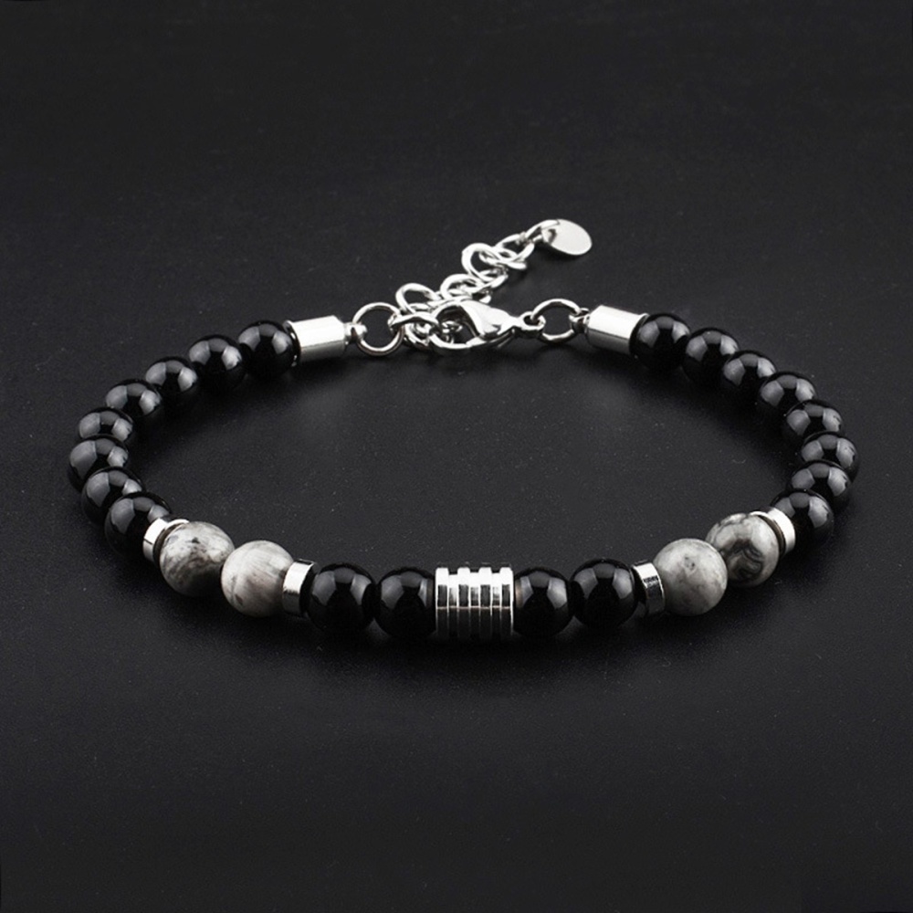 Stainless Steel Chain Black Onyx 6MM Gemstone Beads Bracelet SB2142