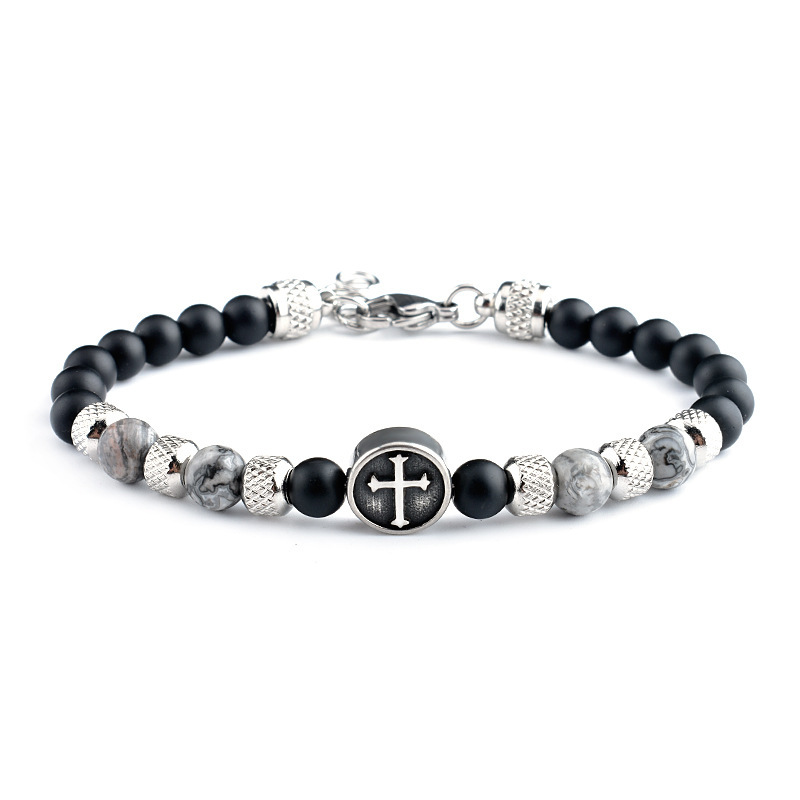 Stainless Steel Cross Charms 6MM Gemstone Black Onyx Beads Bracelet SB2145