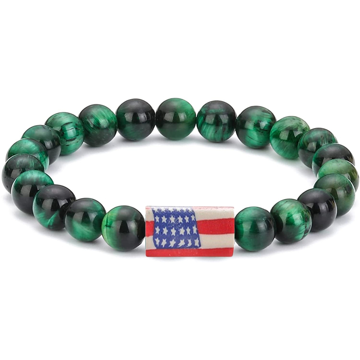 8mm Gemstone Beaded USA Flag Stone Bracelet for Women Men #SB2062