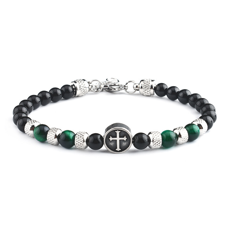 Stainless Steel Cross Charms 6MM Gemstone Black Onyx Beads Bracelet SB2145