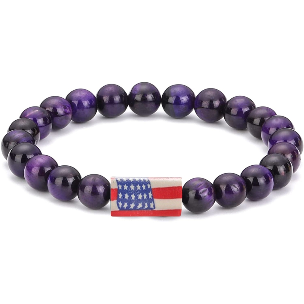 8mm Gemstone Beaded USA Flag Stone Bracelet for Women Men #SB2062