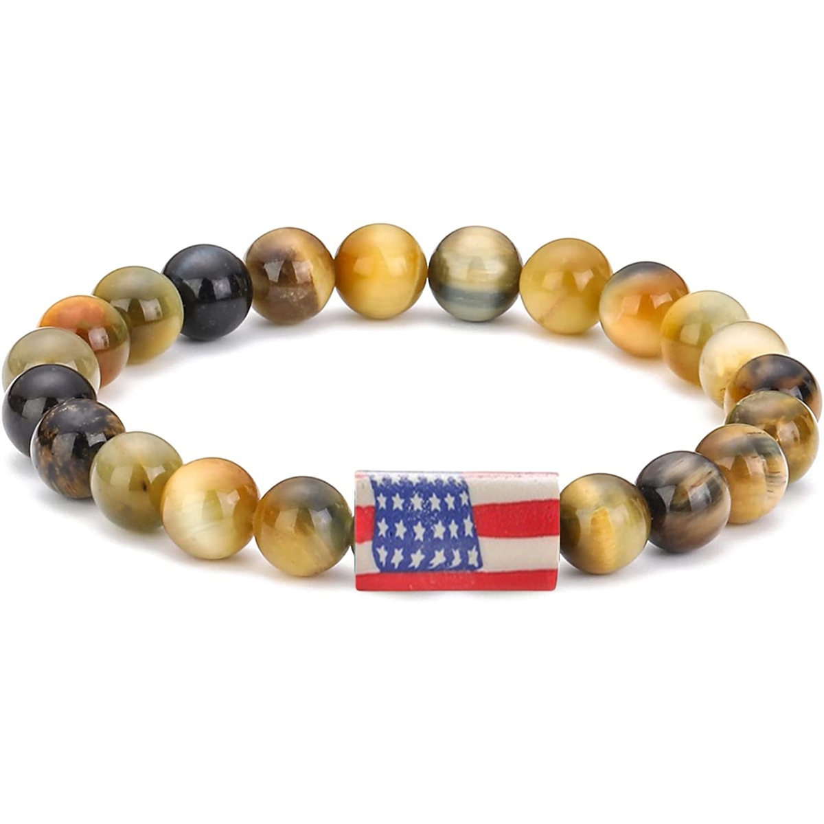 8mm Gemstone Beaded USA Flag Stone Bracelet for Women Men #SB2062