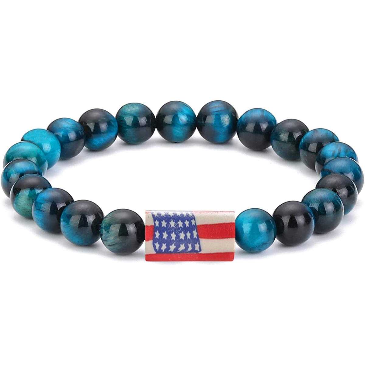8mm Gemstone Beaded USA Flag Stone Bracelet for Women Men #SB2062