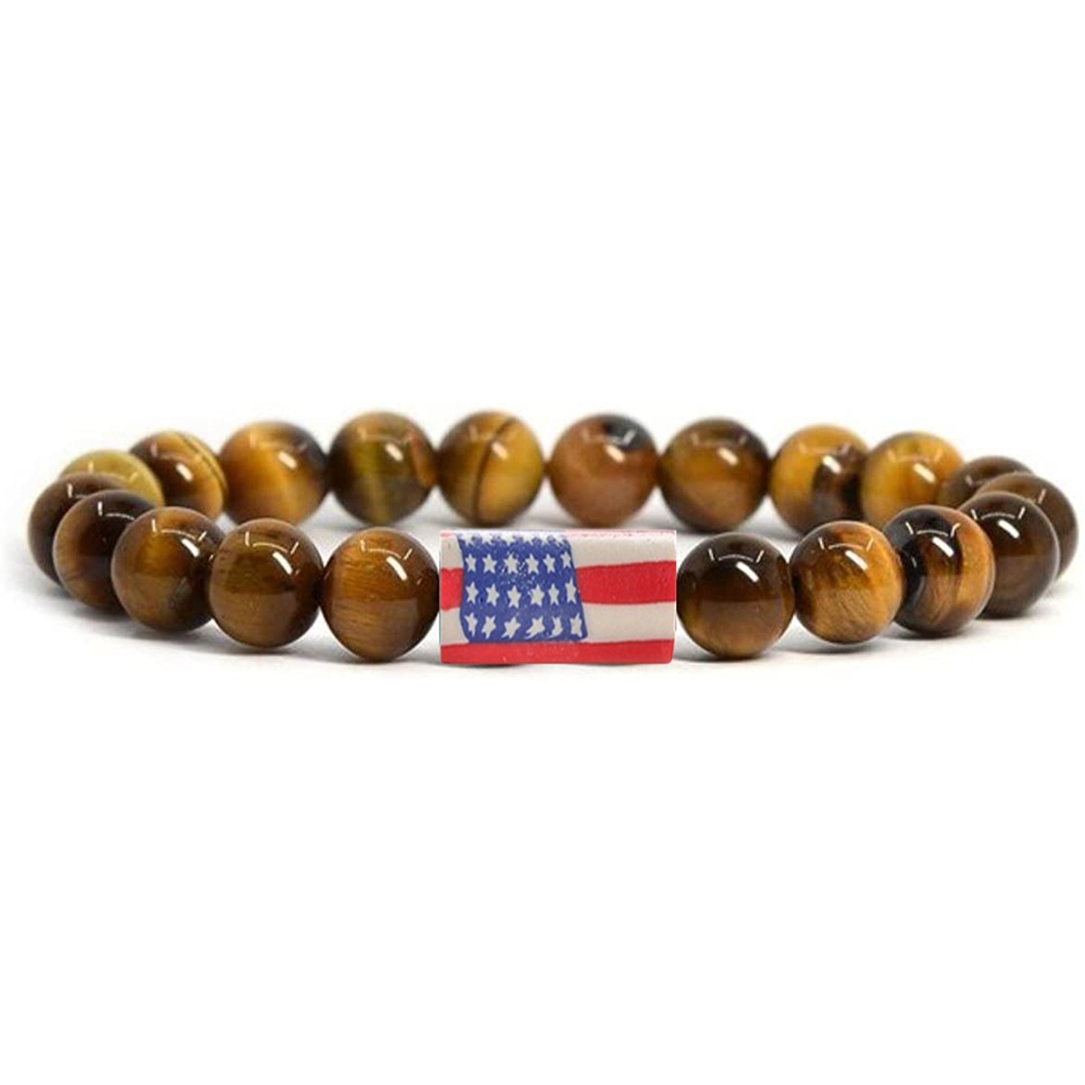 8mm Gemstone Beaded USA Flag Stone Bracelet for Women Men #SB2062