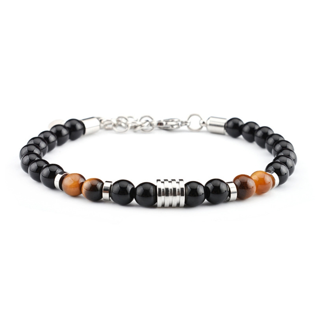 Stainless Steel Chain Black Onyx 6MM Gemstone Beads Bracelet SB2142