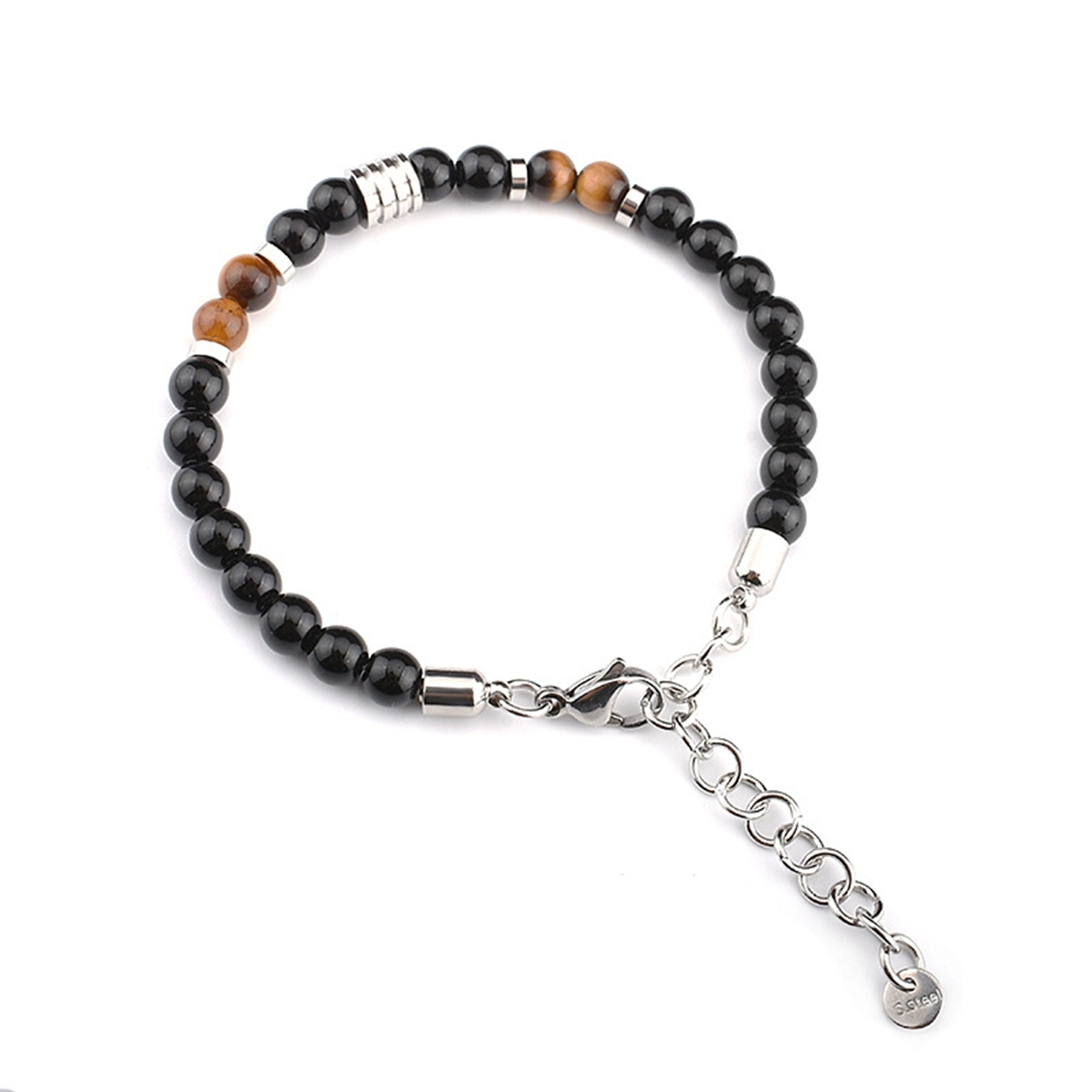 Stainless Steel Chain Black Onyx 6MM Gemstone Beads Bracelet SB2142