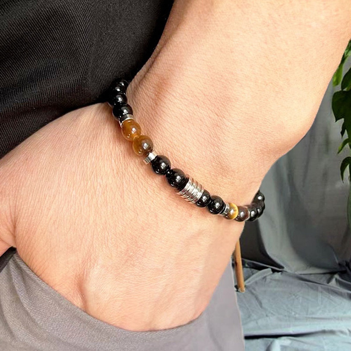 Stainless Steel Chain Black Onyx 6MM Gemstone Beads Bracelet SB2142