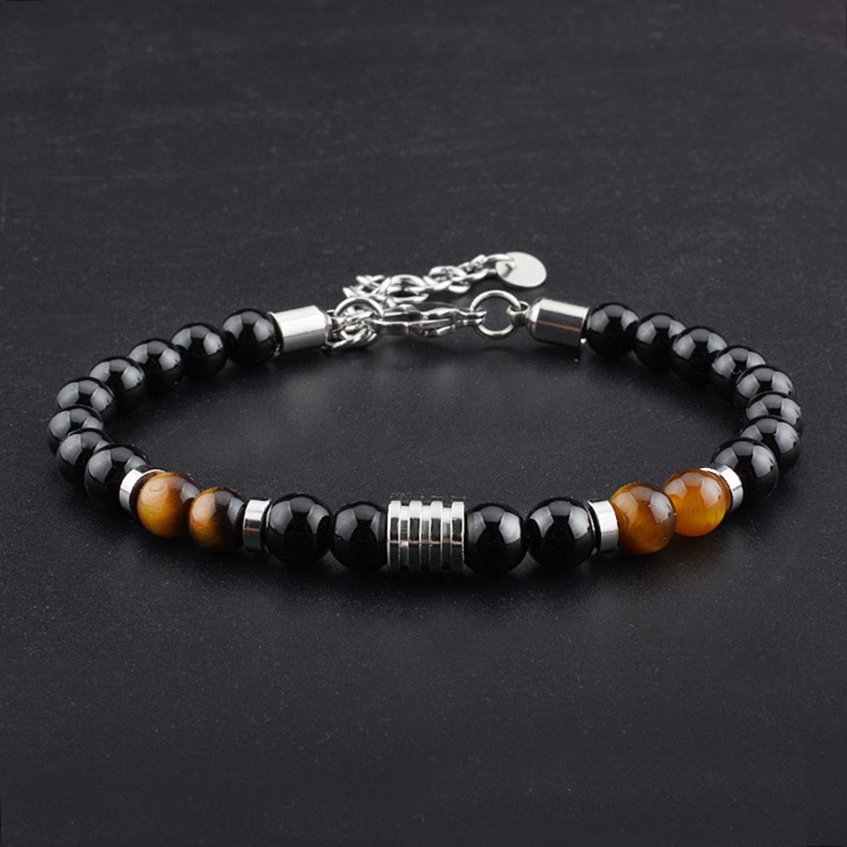 Stainless Steel Chain Black Onyx 6MM Gemstone Beads Bracelet SB2142