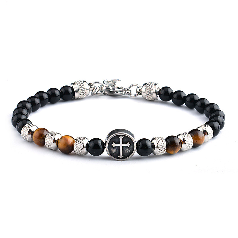 Stainless Steel Cross Charms 6MM Gemstone Black Onyx Beads Bracelet SB2145