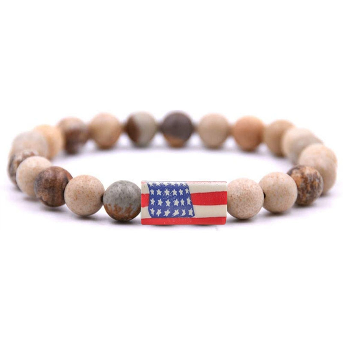 8mm Gemstone Beaded USA Flag Stone Bracelet for Women Men #SB2062