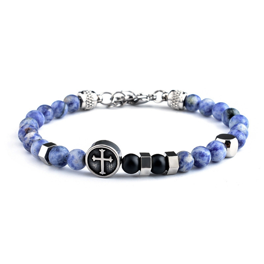Stainless Steel Cross Charms 6MM Gemstone Beads Bracelet SB2144