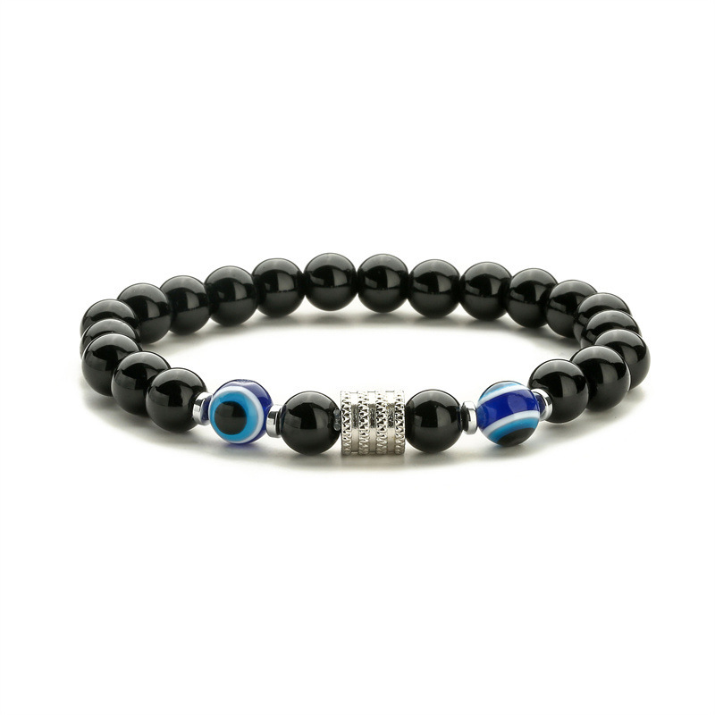 8MM Black Onyx Round Beads Stainless Steel Spacer Bracelets  #28SB2060