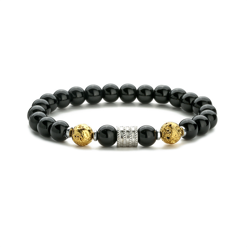 8MM Black Onyx Round Beads Stainless Steel Spacer Bracelets  #28SB2060