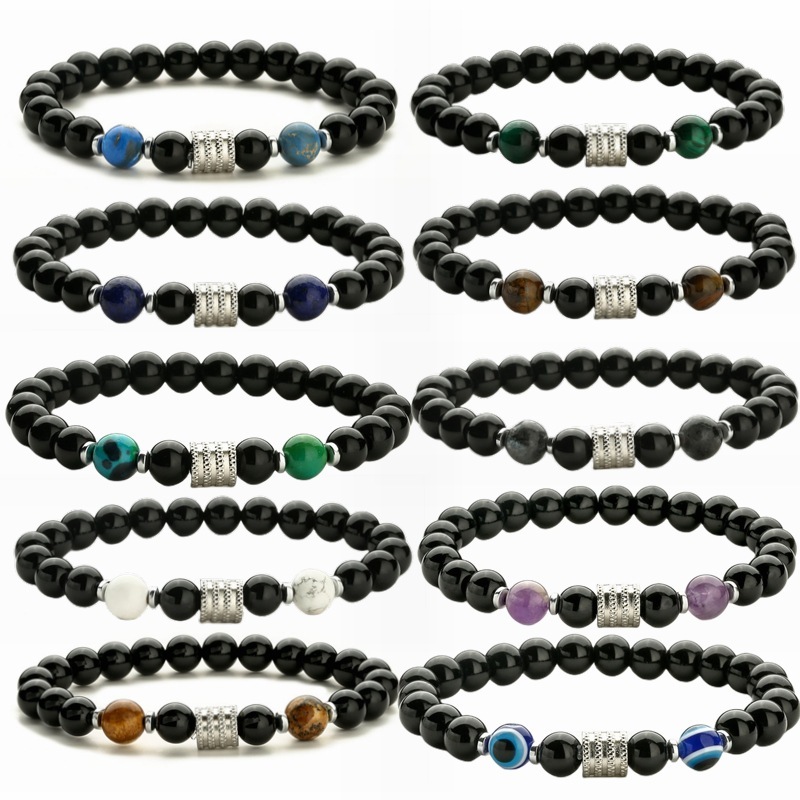 8MM Black Onyx Round Beads Stainless Steel Spacer Bracelets  #28SB2060