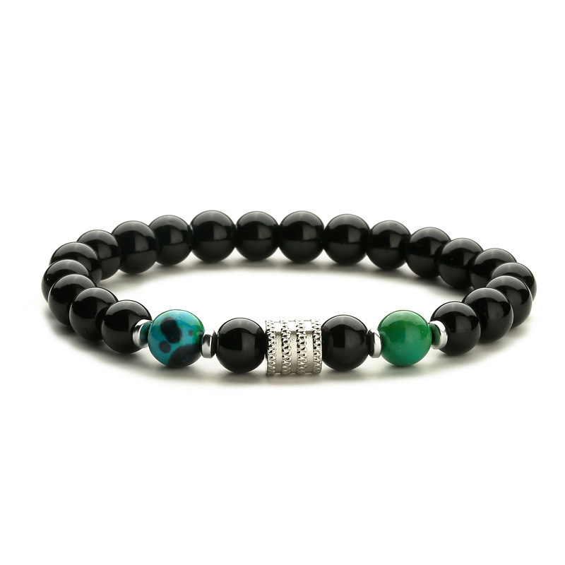 8MM Black Onyx Round Beads Stainless Steel Spacer Bracelets  #28SB2060
