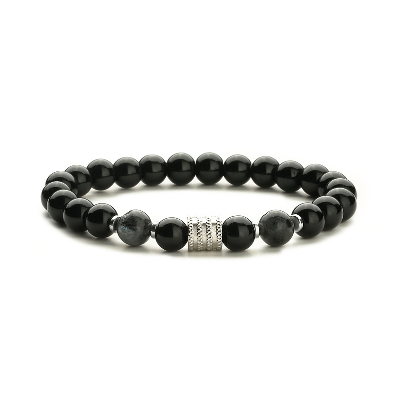 8MM Black Onyx Round Beads Stainless Steel Spacer Bracelets  #28SB2060