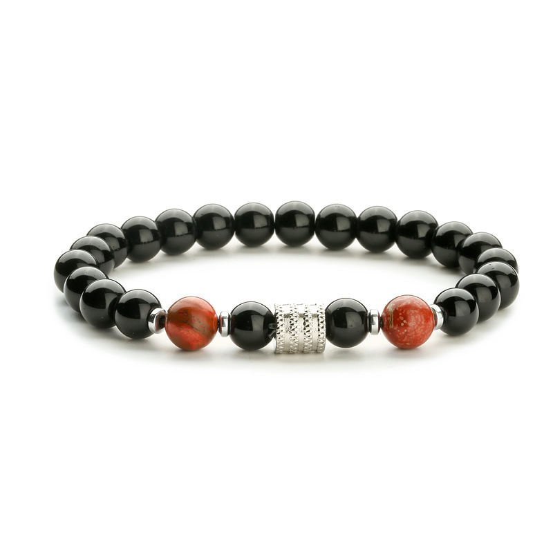 8MM Black Onyx Round Beads Stainless Steel Spacer Bracelets  #28SB2060