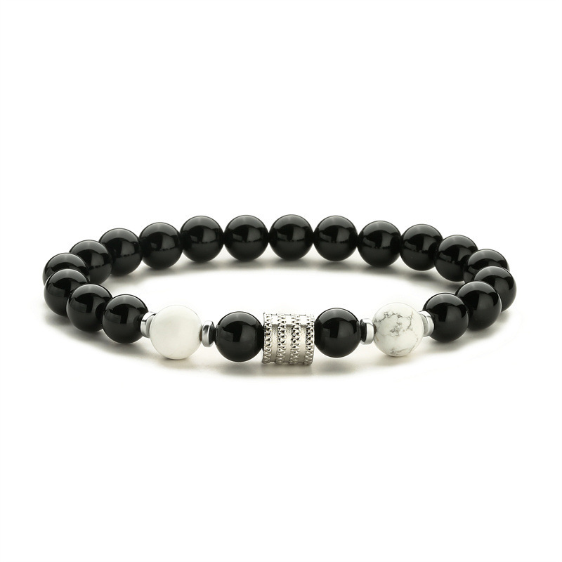 8MM Black Onyx Round Beads Stainless Steel Spacer Bracelets  #28SB2060