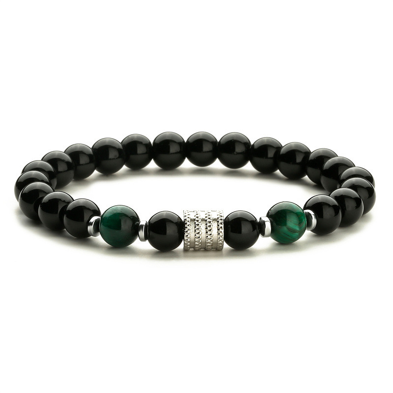 8MM Black Onyx Round Beads Stainless Steel Spacer Bracelets  #28SB2060