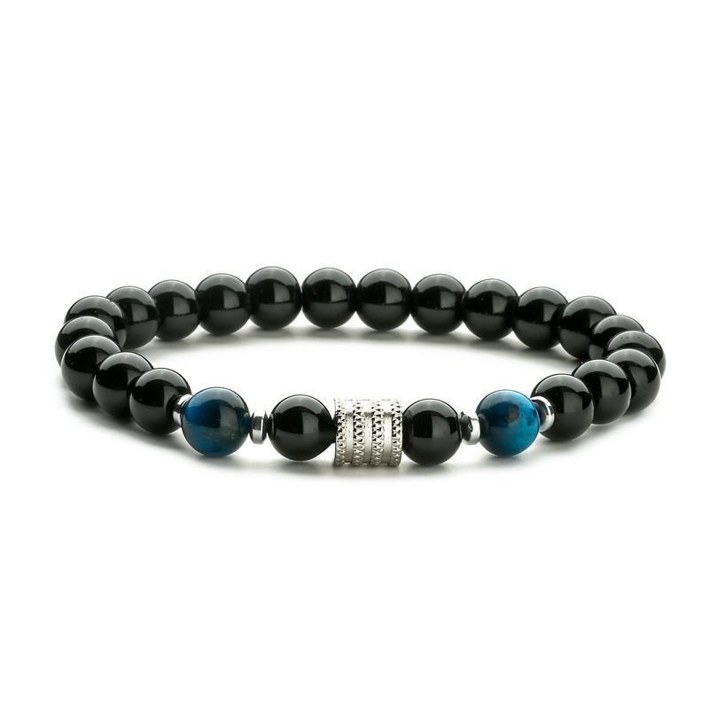 8MM Black Onyx Round Beads Stainless Steel Spacer Bracelets  #28SB2060