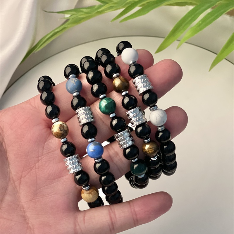 8MM Black Onyx Round Beads Stainless Steel Spacer Bracelets  #28SB2060