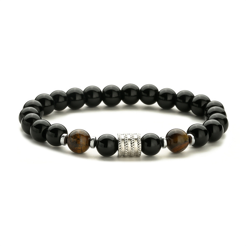 8MM Black Onyx Round Beads Stainless Steel Spacer Bracelets  #28SB2060