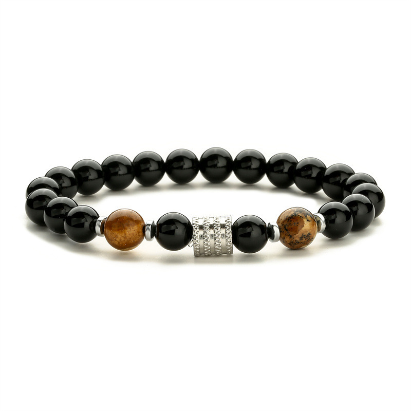 8MM Black Onyx Round Beads Stainless Steel Spacer Bracelets  #28SB2060
