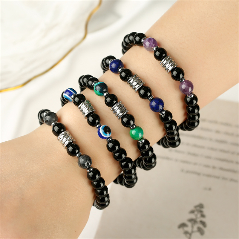 8MM Black Onyx Round Beads Stainless Steel Spacer Bracelets  #28SB2060
