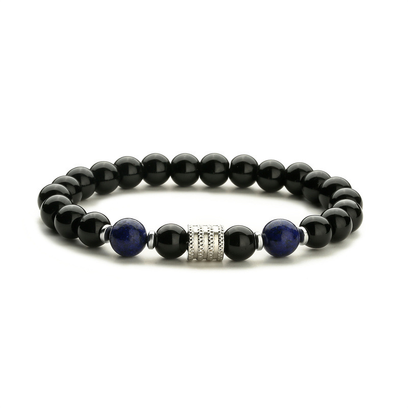 8MM Black Onyx Round Beads Stainless Steel Spacer Bracelets  #28SB2060