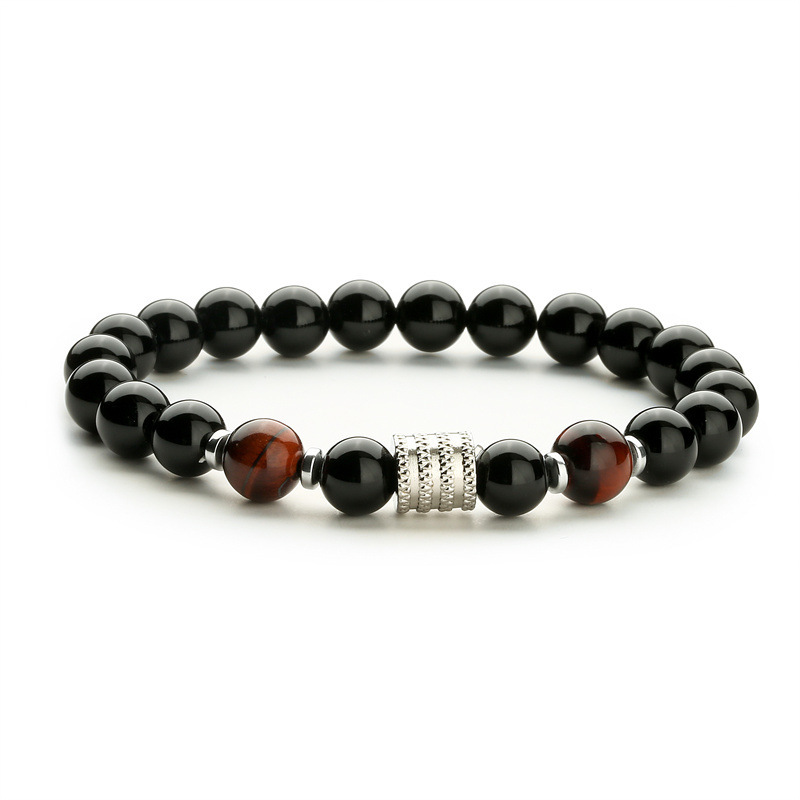 8MM Black Onyx Round Beads Stainless Steel Spacer Bracelets  #28SB2060