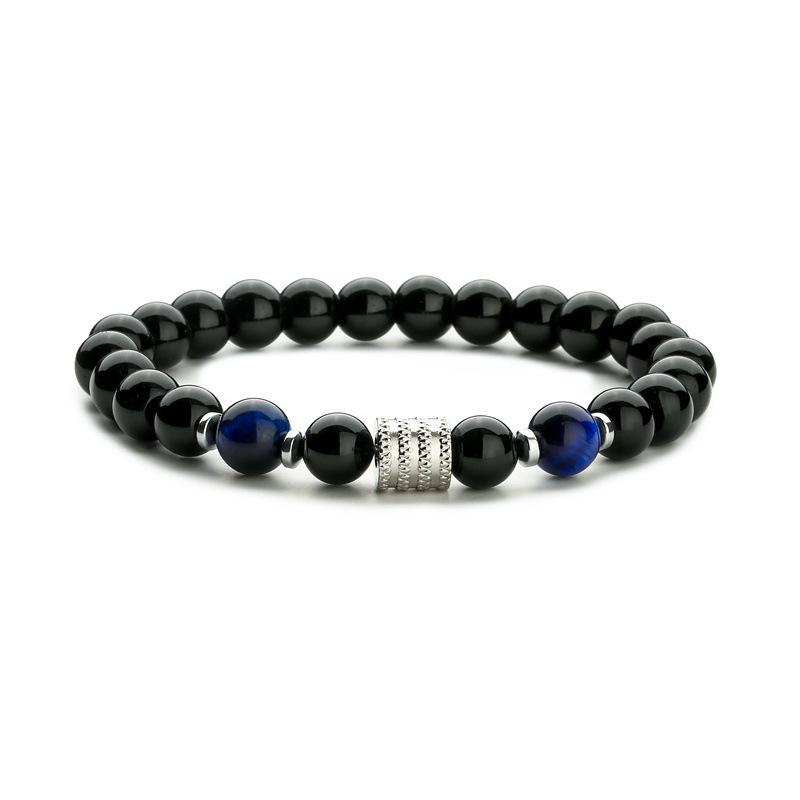8MM Black Onyx Round Beads Stainless Steel Spacer Bracelets  #28SB2060