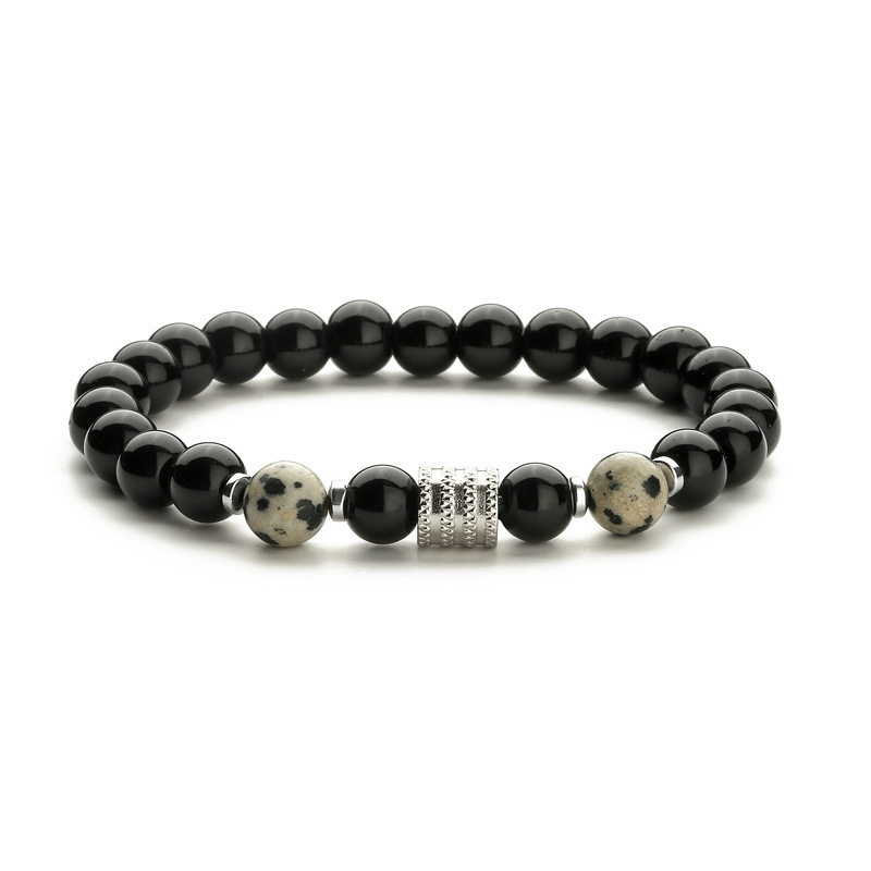 8MM Black Onyx Round Beads Stainless Steel Spacer Bracelets  #28SB2060