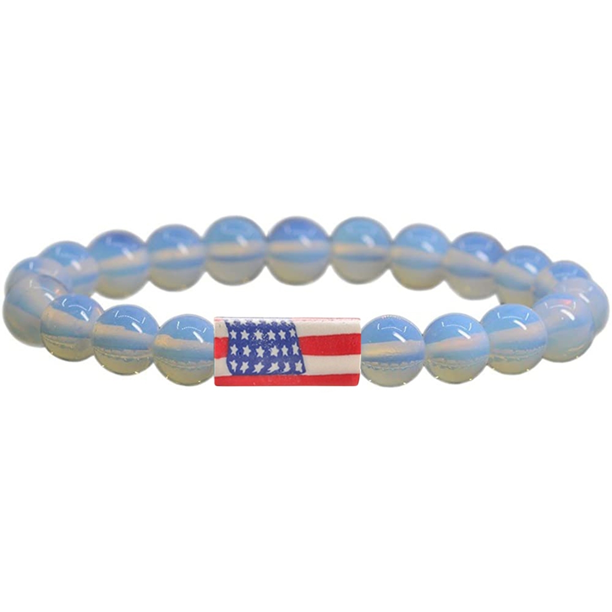 8mm Gemstone Beaded USA Flag Stone Bracelet for Women Men #SB2062