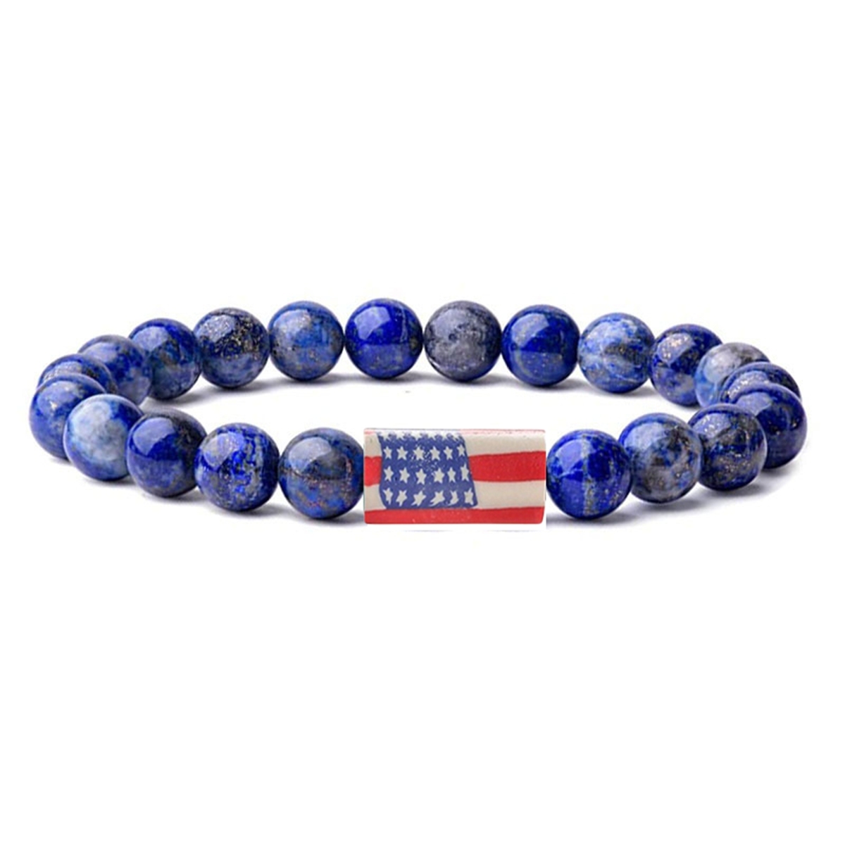 8mm Gemstone Beaded USA Flag Stone Bracelet for Women Men #SB2062