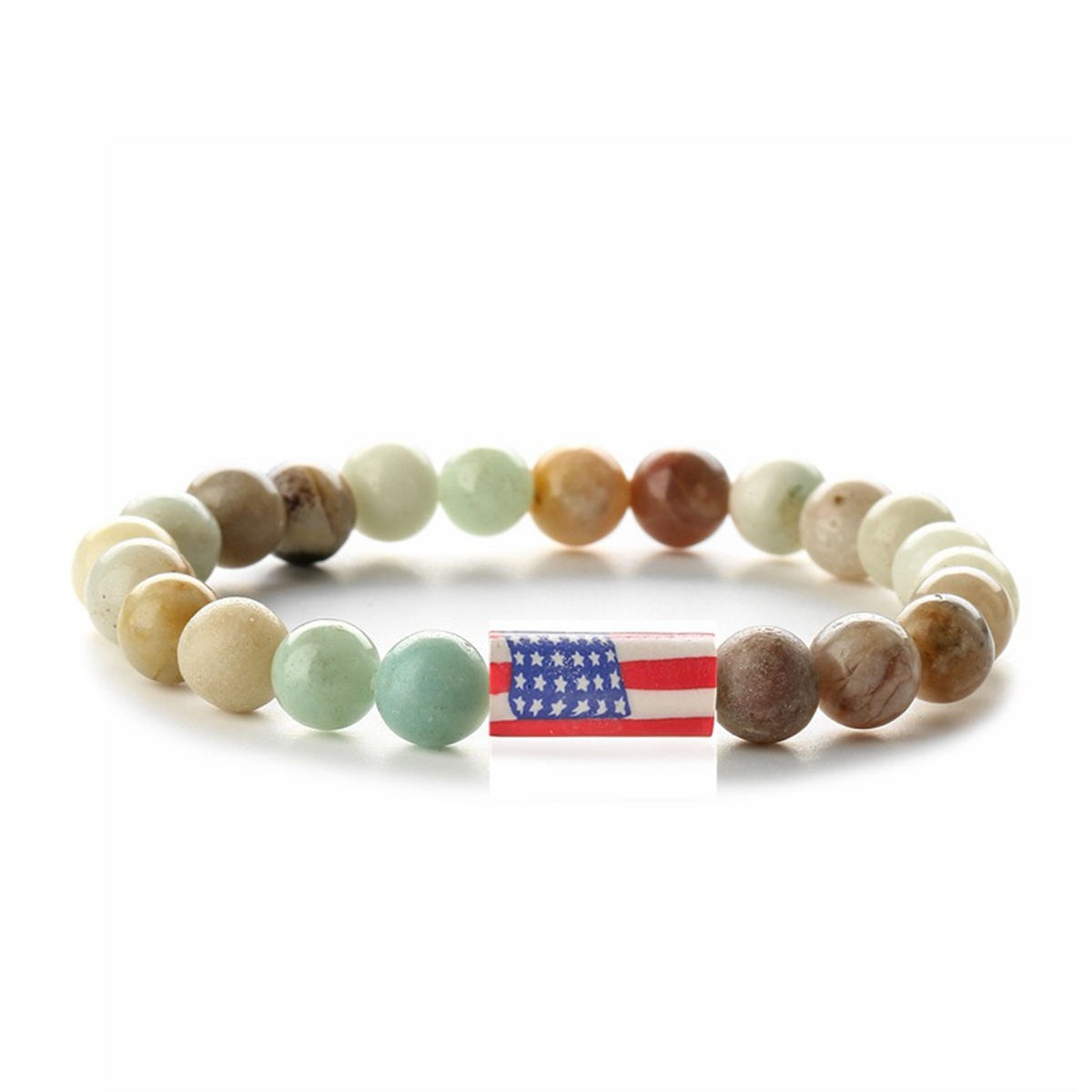 8mm Gemstone Beaded USA Flag Stone Bracelet for Women Men #SB2062