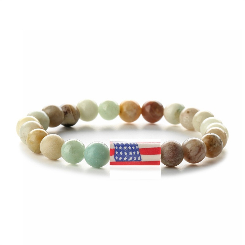 8mm Gemstone Beaded USA Flag Stone Bracelet for Women Men #SB2062