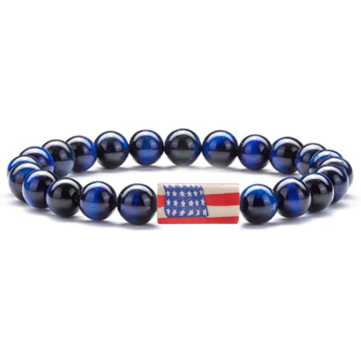 8mm Gemstone Beaded USA Flag Stone Bracelet for Women Men #SB2062