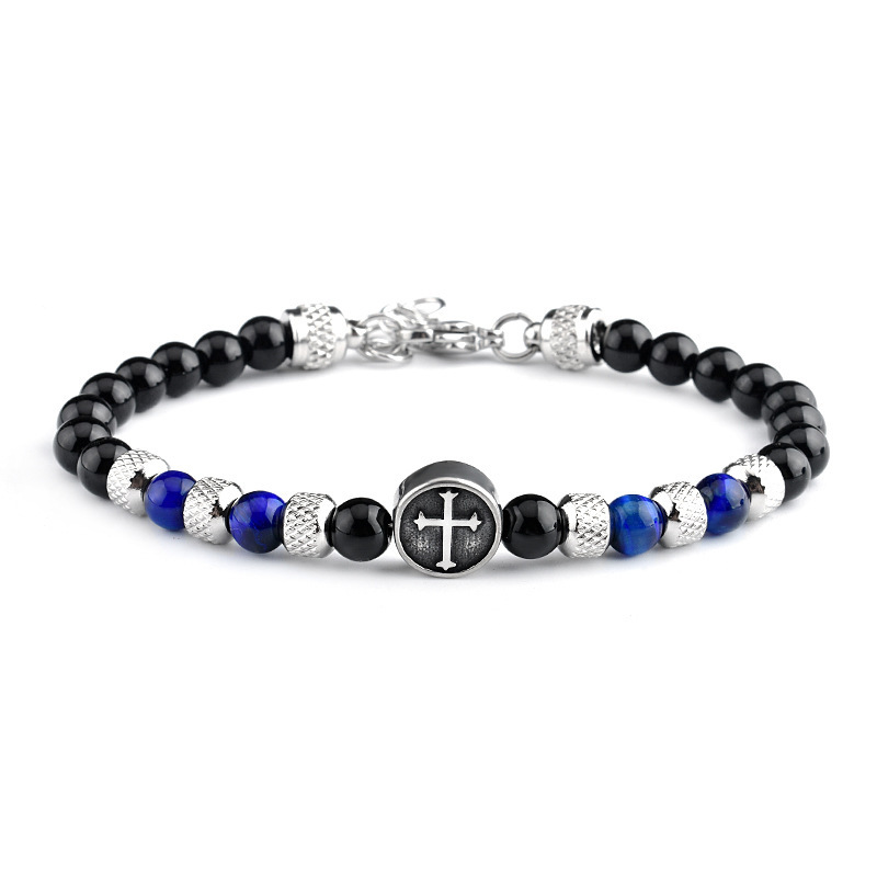 Stainless Steel Cross Charms 6MM Gemstone Black Onyx Beads Bracelet SB2145