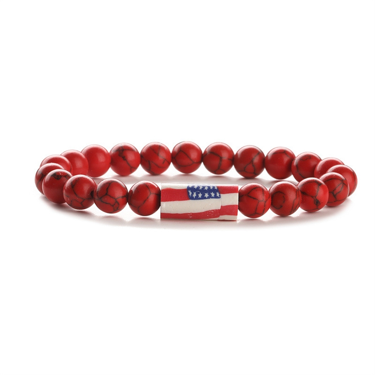8mm Gemstone Beaded USA Flag Stone Bracelet for Women Men #SB2062