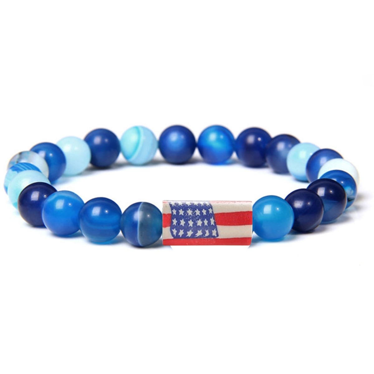 8mm Gemstone Beaded USA Flag Stone Bracelet for Women Men #SB2062