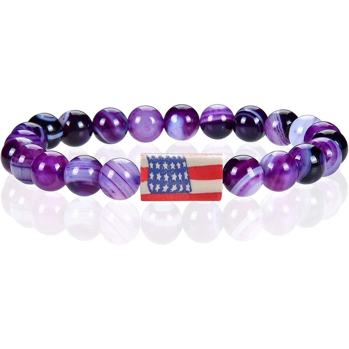 8mm Gemstone Beaded USA Flag Stone Bracelet for Women Men #SB2062
