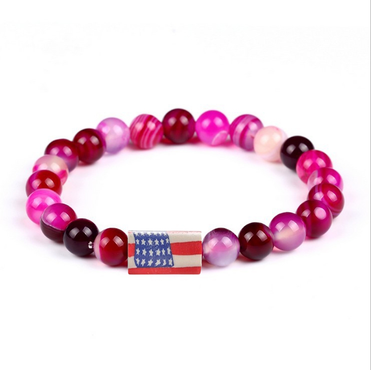 8mm Gemstone Beaded USA Flag Stone Bracelet for Women Men #SB2062