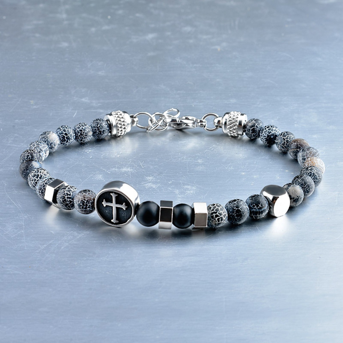 Stainless Steel Cross Charms 6MM Gemstone Beads Bracelet SB2144