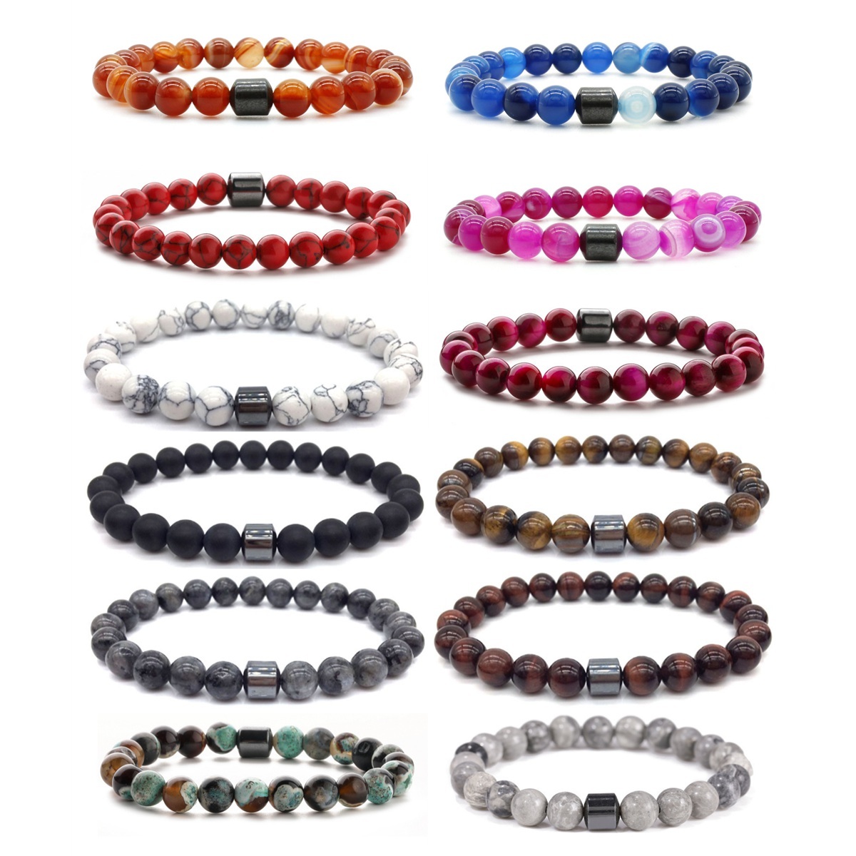 8mm Gemstone Beaded Tube Hematite Stone Bracelet for Women Men #SB1902