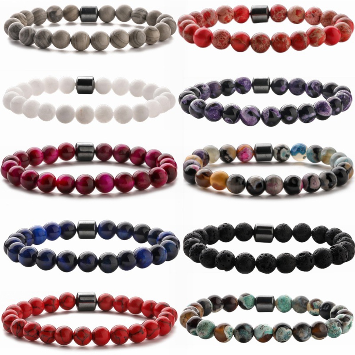 8mm Gemstone Beaded Tube Hematite Stone Bracelet for Women Men #SB1902