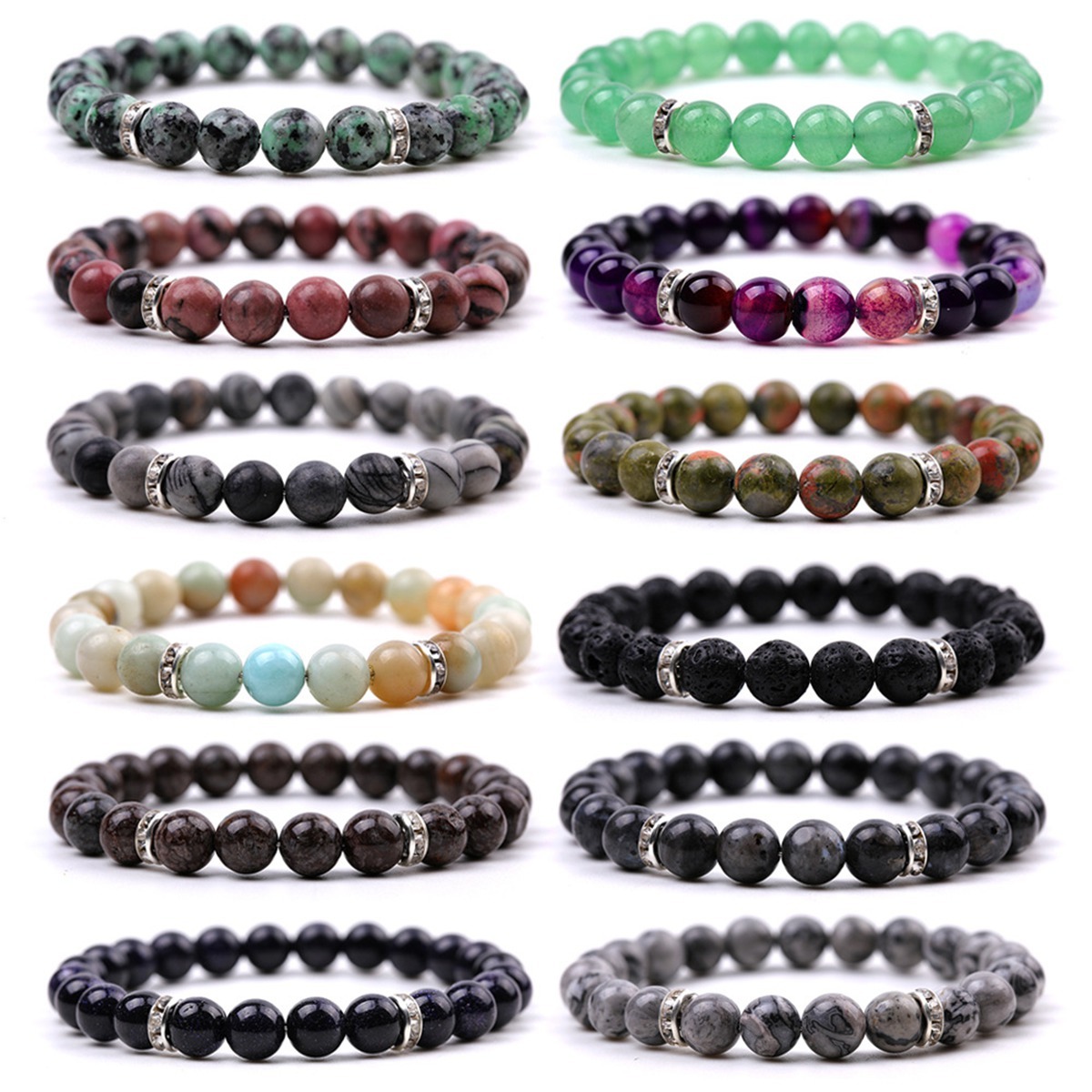 8mm Gemstone Beaded Bracelet  for Women Men Stainless Steel Spacer Stone  Round Beads Bracelets #SB2058