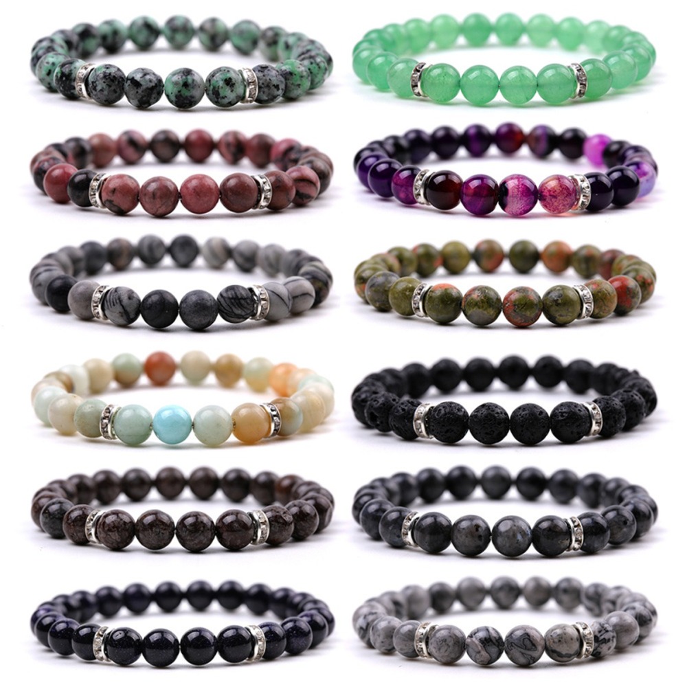 8mm Gemstone Beaded Bracelet  for Women Men Stainless Steel Spacer Stone  Round Beads Bracelets #SB2058